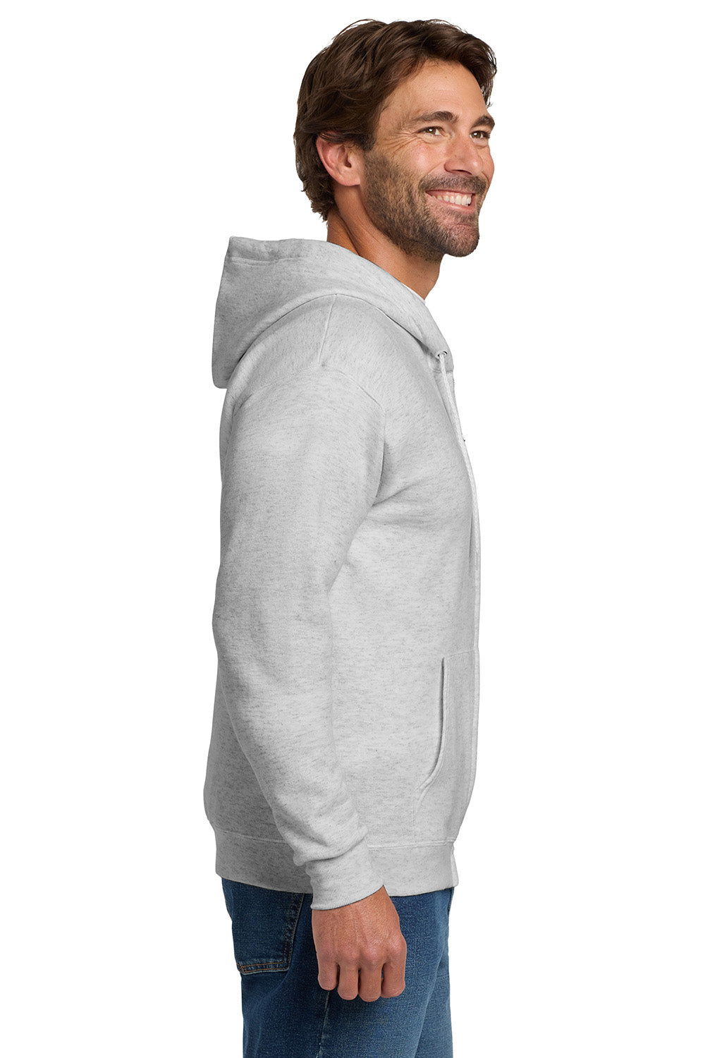 Hanes P180 Mens EcoSmart Print Pro XP Pill Resistant Full Zip Hooded Sweatshirt Hoodie w/ Pockets Ash Grey Model Side