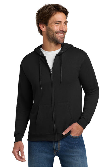 Hanes P180 Mens EcoSmart Print Pro XP Pill Resistant Full Zip Hooded Sweatshirt Hoodie w/ Pockets Black Model Front