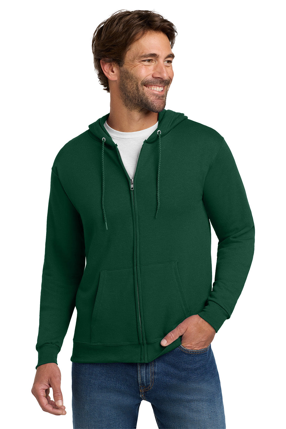 Hanes P180 Mens EcoSmart Print Pro XP Pill Resistant Full Zip Hooded Sweatshirt Hoodie w/ Pockets Deep Forest Green Model Front