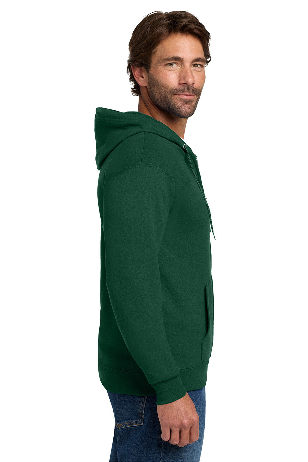 Hanes P180 Mens EcoSmart Print Pro XP Pill Resistant Full Zip Hooded Sweatshirt Hoodie w/ Pockets Deep Forest Green Model Side