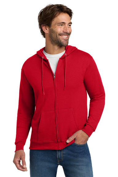 Hanes P180 Mens EcoSmart Print Pro XP Pill Resistant Full Zip Hooded Sweatshirt Hoodie w/ Pockets Deep Red Model Front