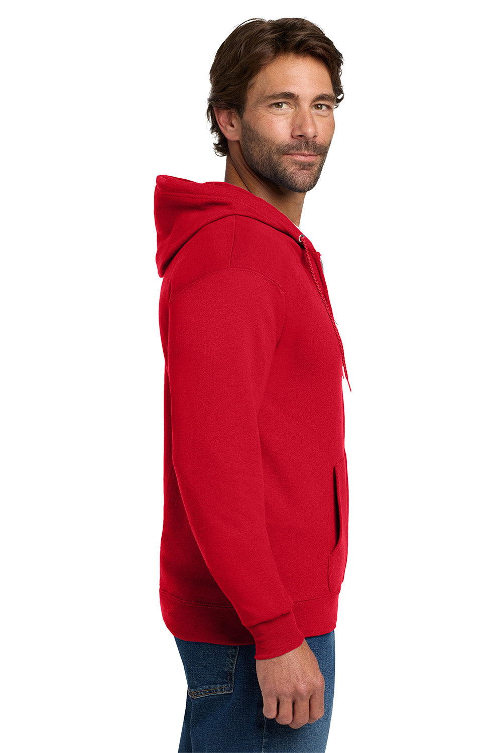 Hanes P180 Mens EcoSmart Print Pro XP Pill Resistant Full Zip Hooded Sweatshirt Hoodie w/ Pockets Deep Red Model Side