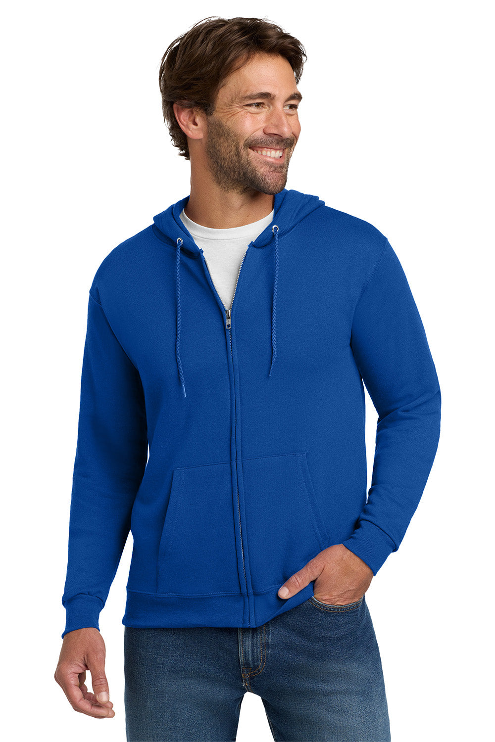 Hanes P180 Mens EcoSmart Print Pro XP Pill Resistant Full Zip Hooded Sweatshirt Hoodie w/ Pockets Deep Royal Blue Model Front