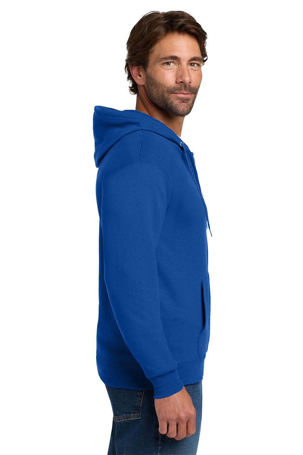 Hanes P180 Mens EcoSmart Print Pro XP Pill Resistant Full Zip Hooded Sweatshirt Hoodie w/ Pockets Deep Royal Blue Model Side