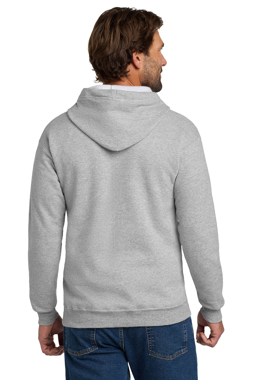 Hanes P180 Mens EcoSmart Print Pro XP Pill Resistant Full Zip Hooded Sweatshirt Hoodie w/ Pockets Light Steel Grey Model Back