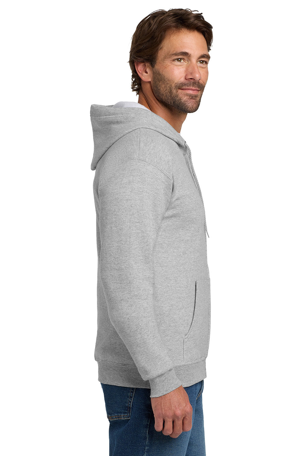 Hanes P180 Mens EcoSmart Print Pro XP Pill Resistant Full Zip Hooded Sweatshirt Hoodie w/ Pockets Light Steel Grey Model Side