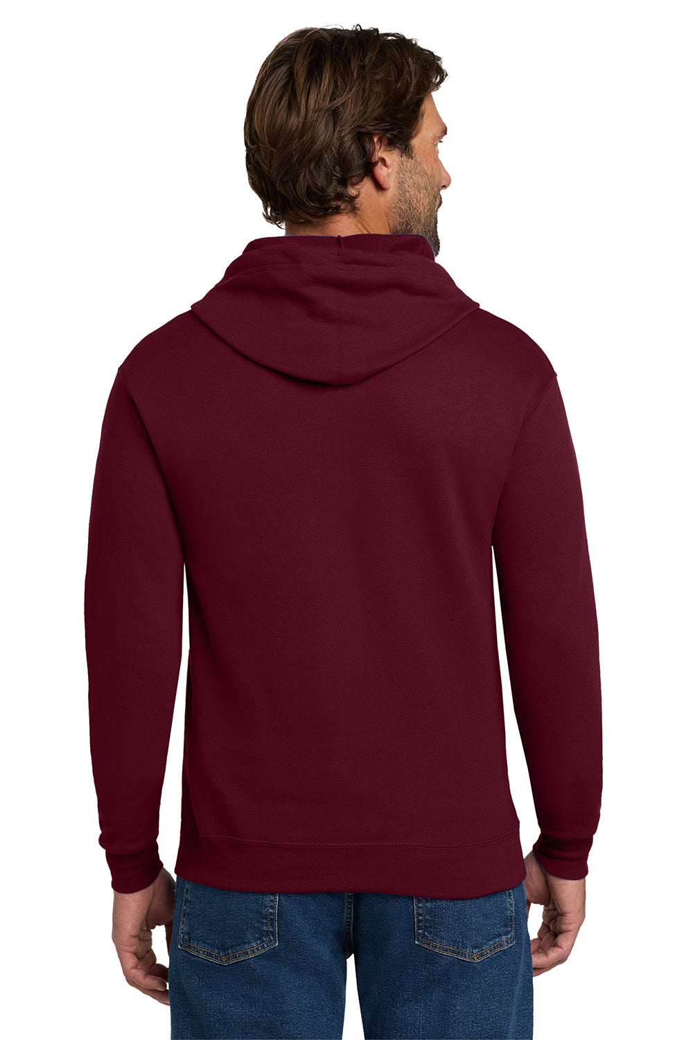 Hanes P180 Mens EcoSmart Print Pro XP Pill Resistant Full Zip Hooded Sweatshirt Hoodie w/ Pockets Maroon Model Back