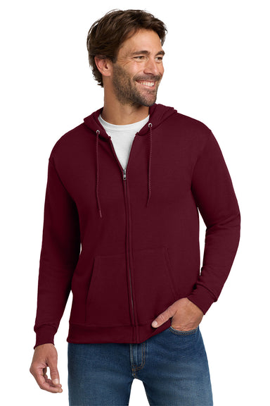 Hanes P180 Mens EcoSmart Print Pro XP Pill Resistant Full Zip Hooded Sweatshirt Hoodie w/ Pockets Maroon Model Front