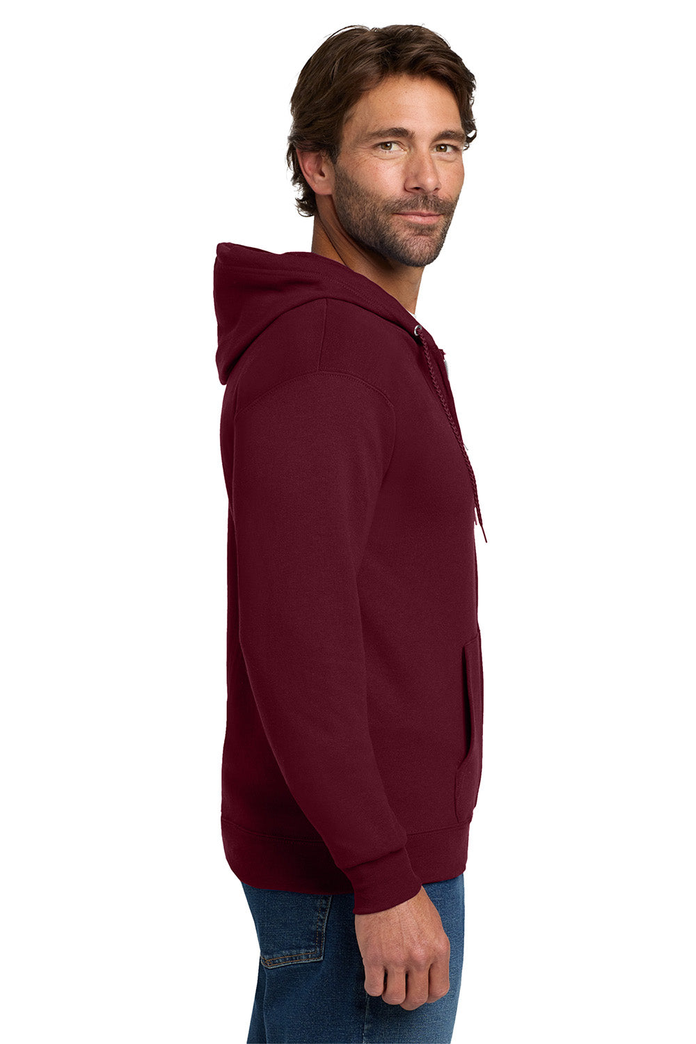 Hanes P180 Mens EcoSmart Print Pro XP Pill Resistant Full Zip Hooded Sweatshirt Hoodie w/ Pockets Maroon Model Side