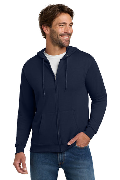 Hanes P180 Mens EcoSmart Print Pro XP Pill Resistant Full Zip Hooded Sweatshirt Hoodie w/ Pockets Navy Blue Model Front