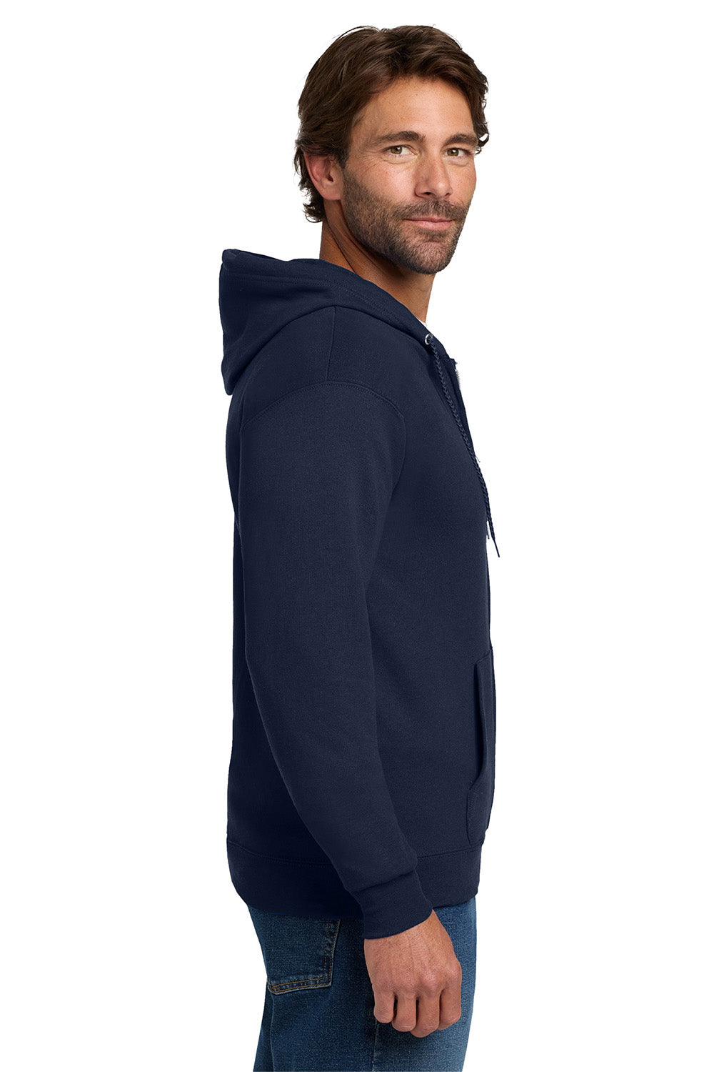 Hanes P180 Mens EcoSmart Print Pro XP Pill Resistant Full Zip Hooded Sweatshirt Hoodie w/ Pockets Navy Blue Model Side