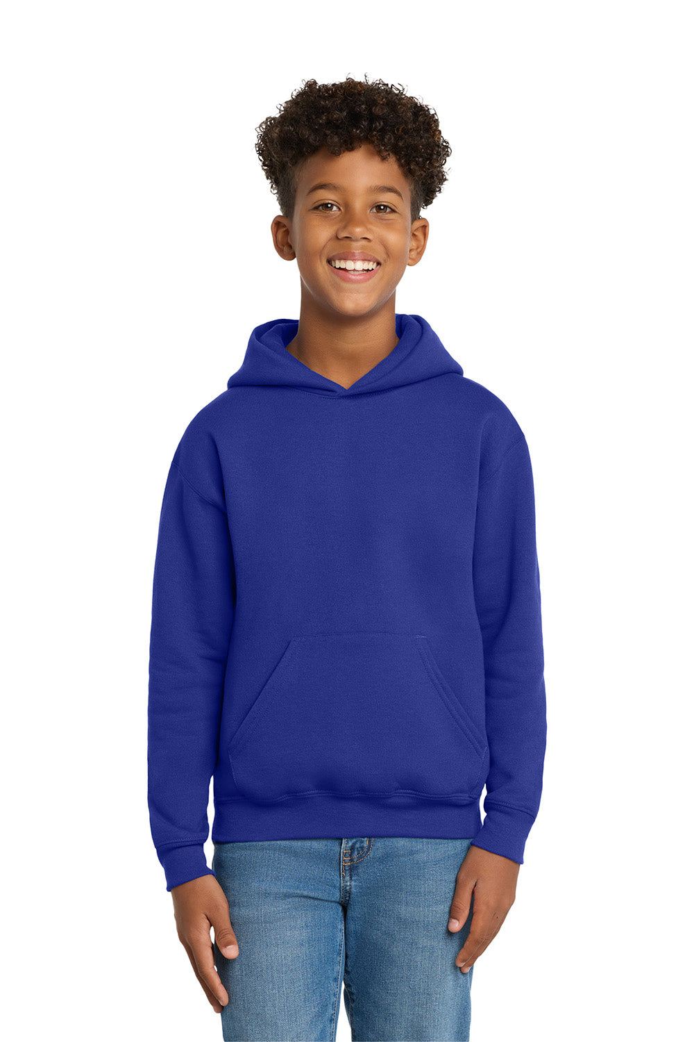 Hanes P470/P473 Youth EcoSmart Print Pro XP Pill Resistant Hooded Sweatshirt Hoodie w/ Pouch Pocket Deep Royal Blue Model Front