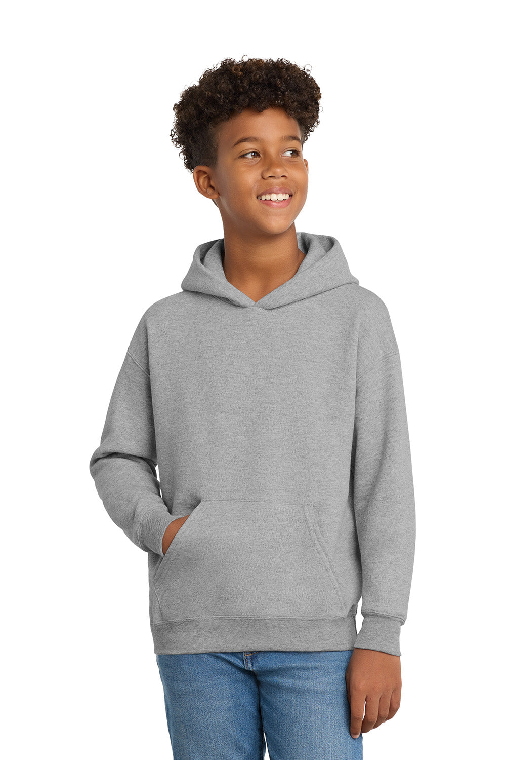 Hanes P470/P473 Youth EcoSmart Print Pro XP Pill Resistant Hooded Sweatshirt Hoodie w/ Pouch Pocket Light Steel Grey Model Front