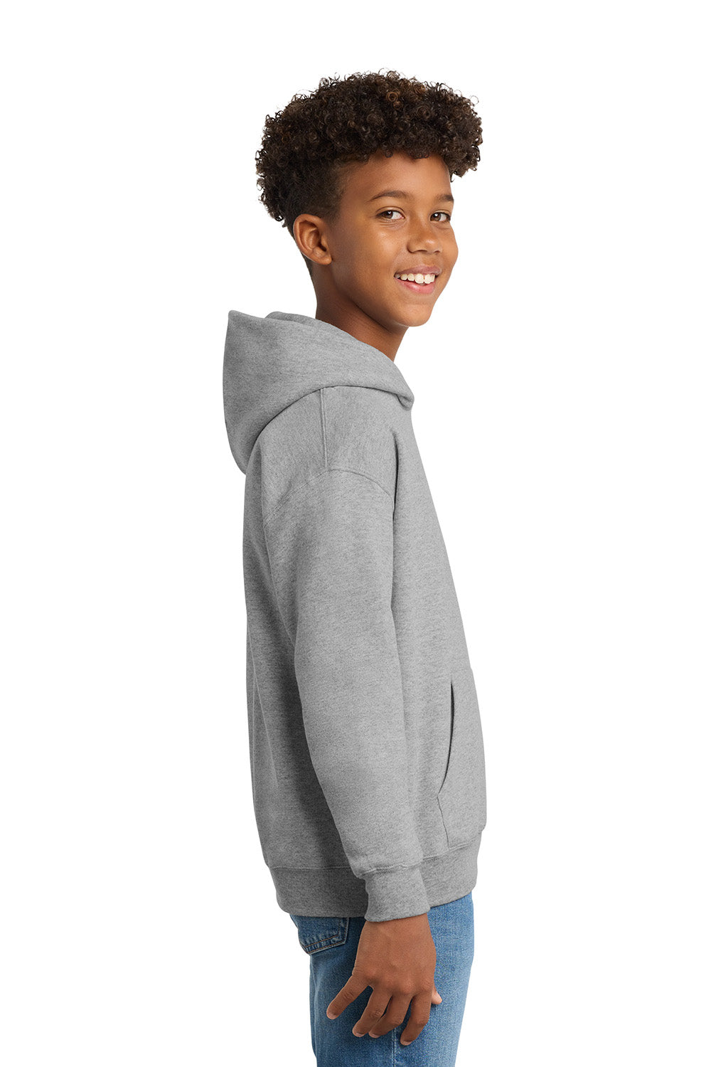 Hanes P470/P473 Youth EcoSmart Print Pro XP Pill Resistant Hooded Sweatshirt Hoodie w/ Pouch Pocket Light Steel Grey Model Side