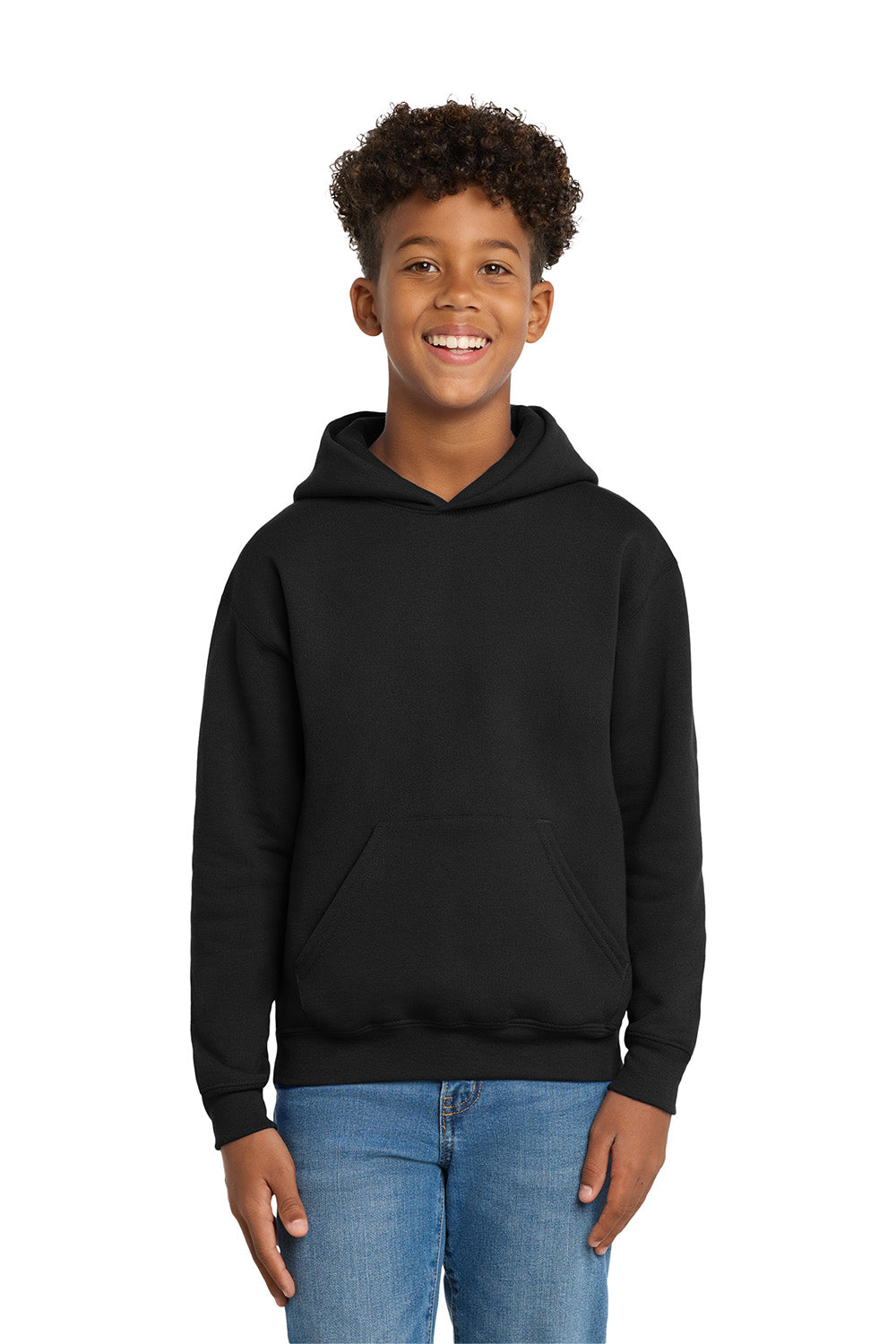 Hanes P470/P473 Youth EcoSmart Print Pro XP Pill Resistant Hooded Sweatshirt Hoodie w/ Pouch Pocket Black Model Front