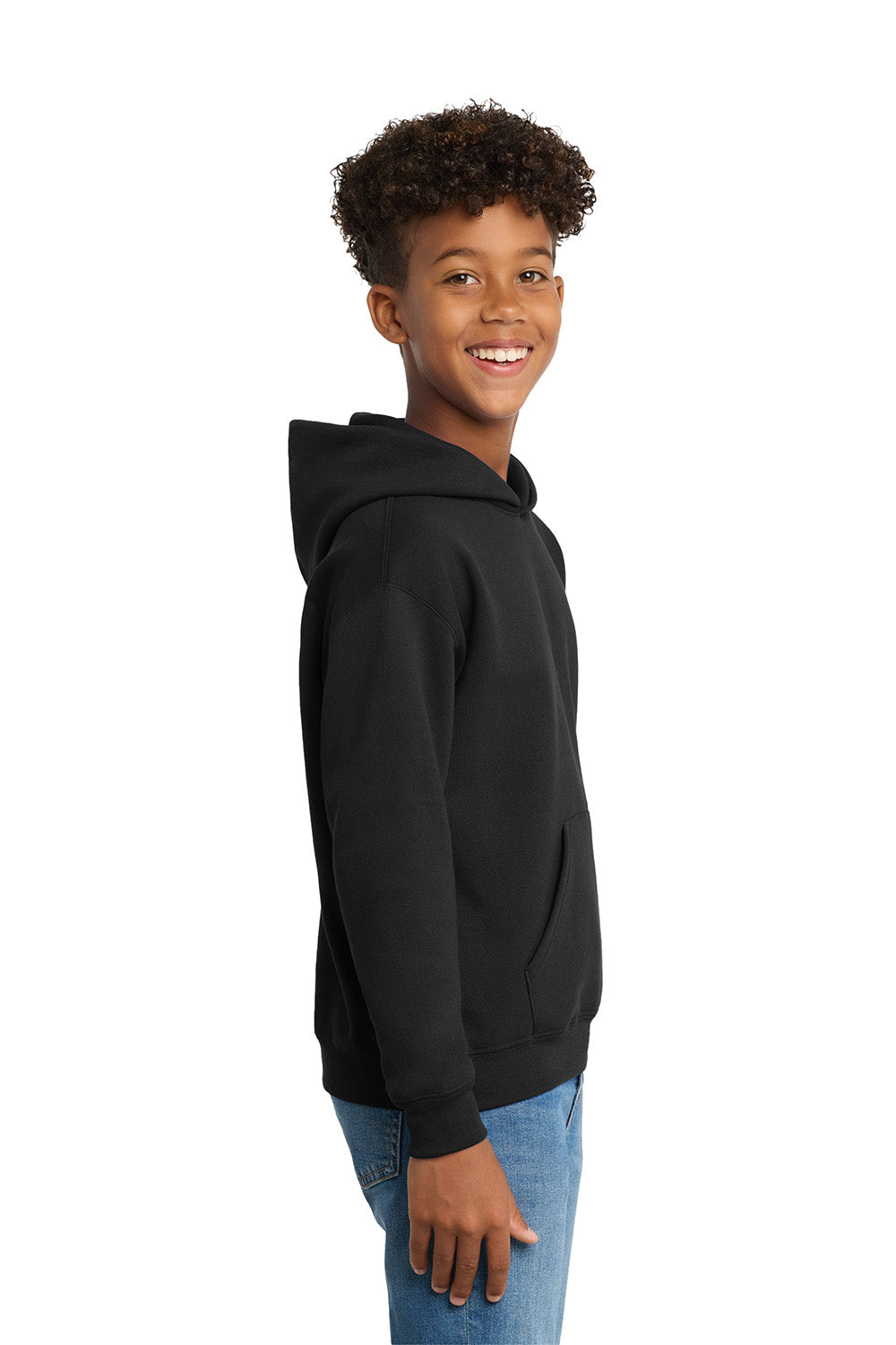 Hanes P470/P473 Youth EcoSmart Print Pro XP Pill Resistant Hooded Sweatshirt Hoodie w/ Pouch Pocket Black Model Side