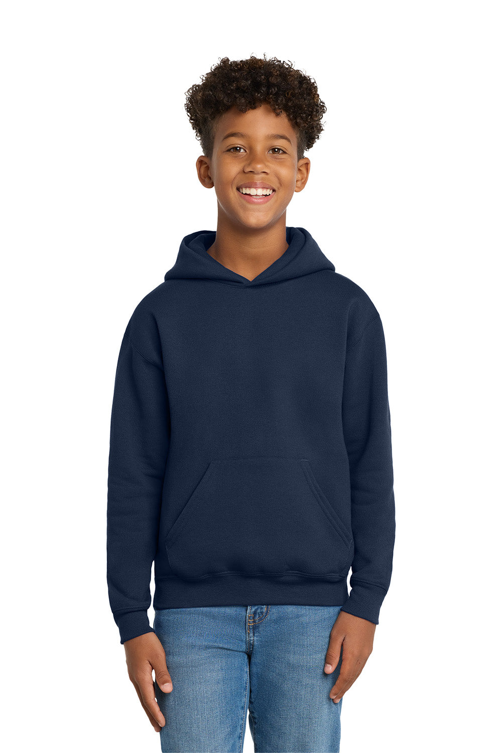 Hanes P470/P473 Youth EcoSmart Print Pro XP Pill Resistant Hooded Sweatshirt Hoodie w/ Pouch Pocket Navy Blue Model Front