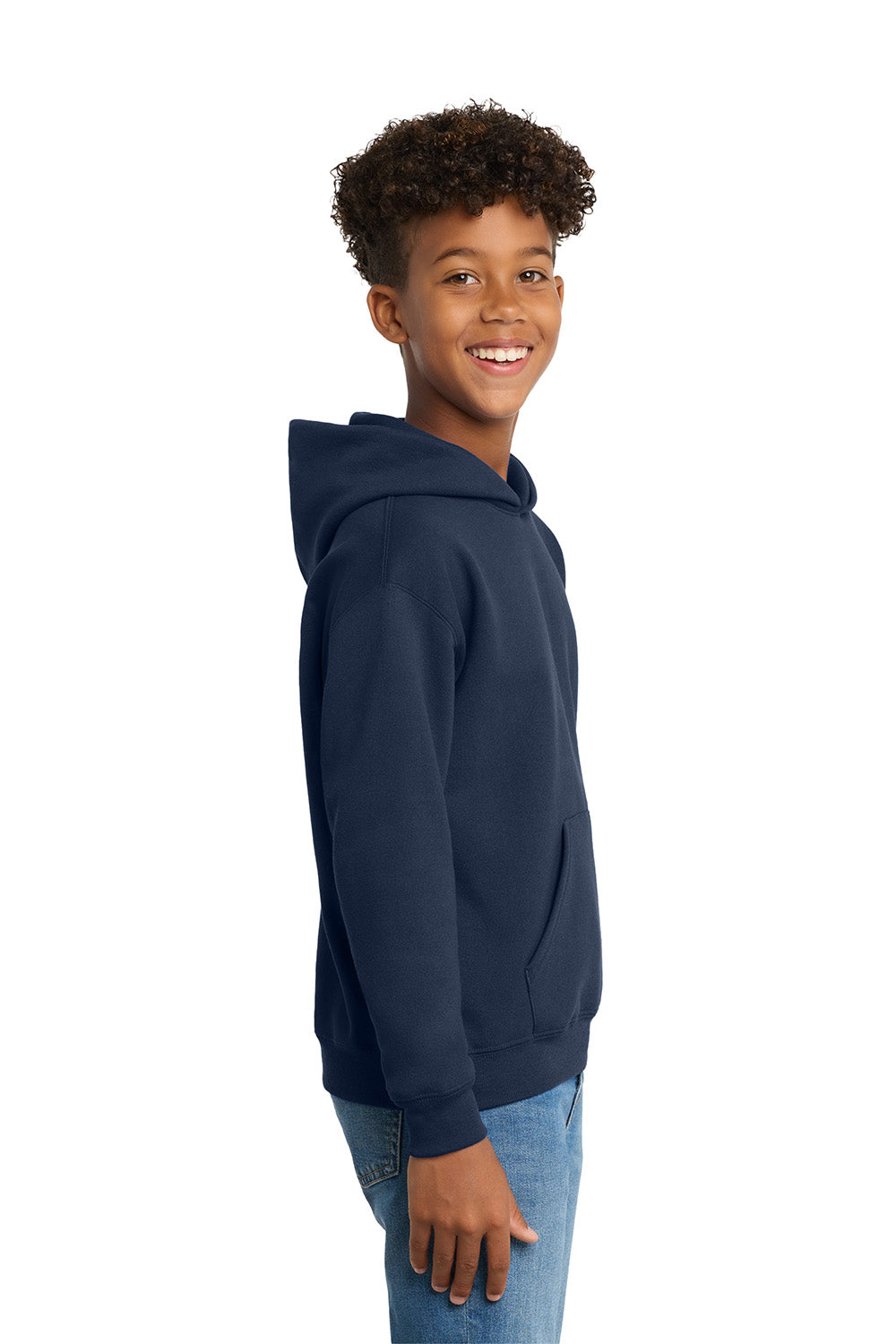 Hanes P470/P473 Youth EcoSmart Print Pro XP Pill Resistant Hooded Sweatshirt Hoodie w/ Pouch Pocket Navy Blue Model Side