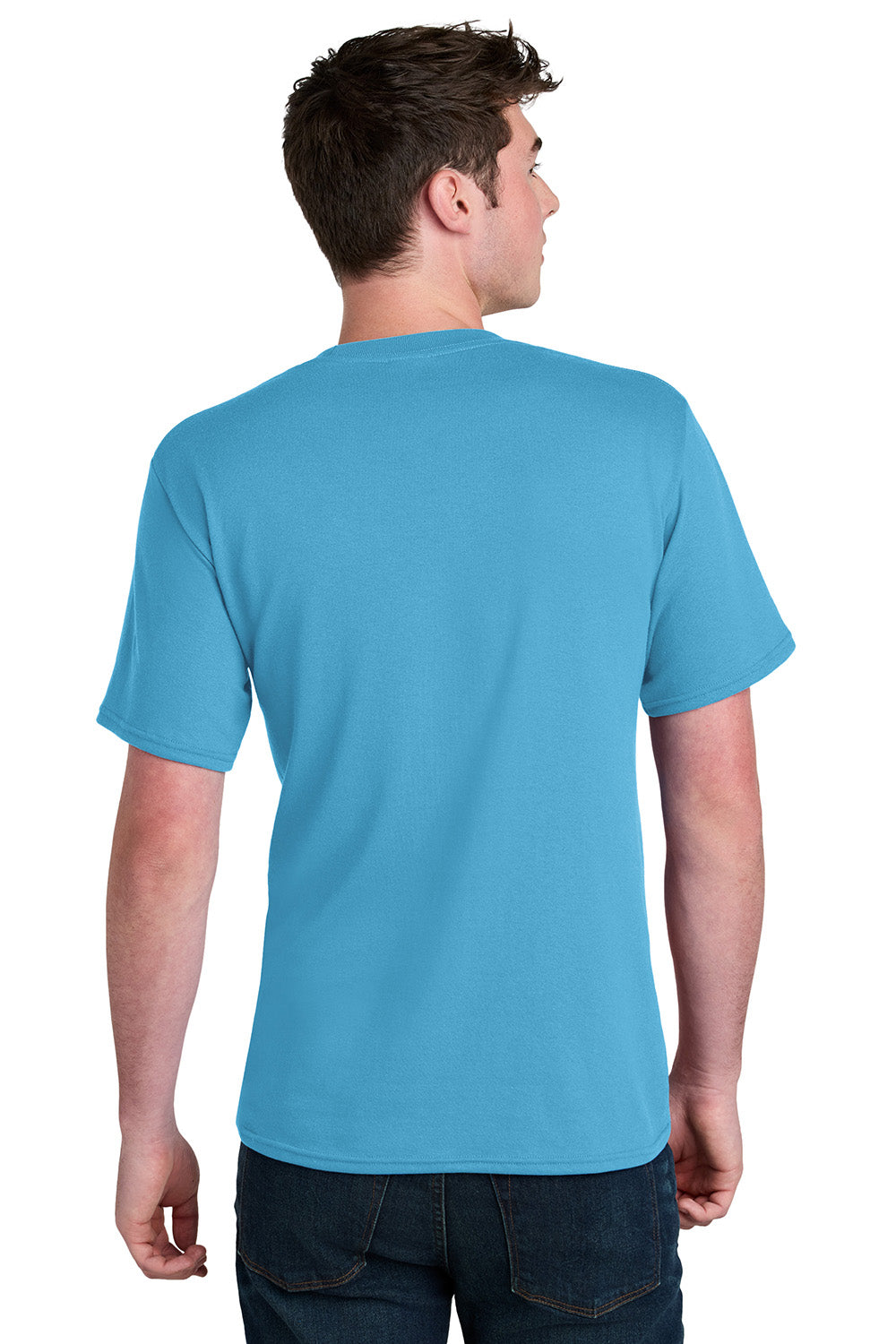 Port & Company PC01 Mens Core Blend Recycled Short Sleeve Crewneck T-Shirt Aquatic Blue Model Back