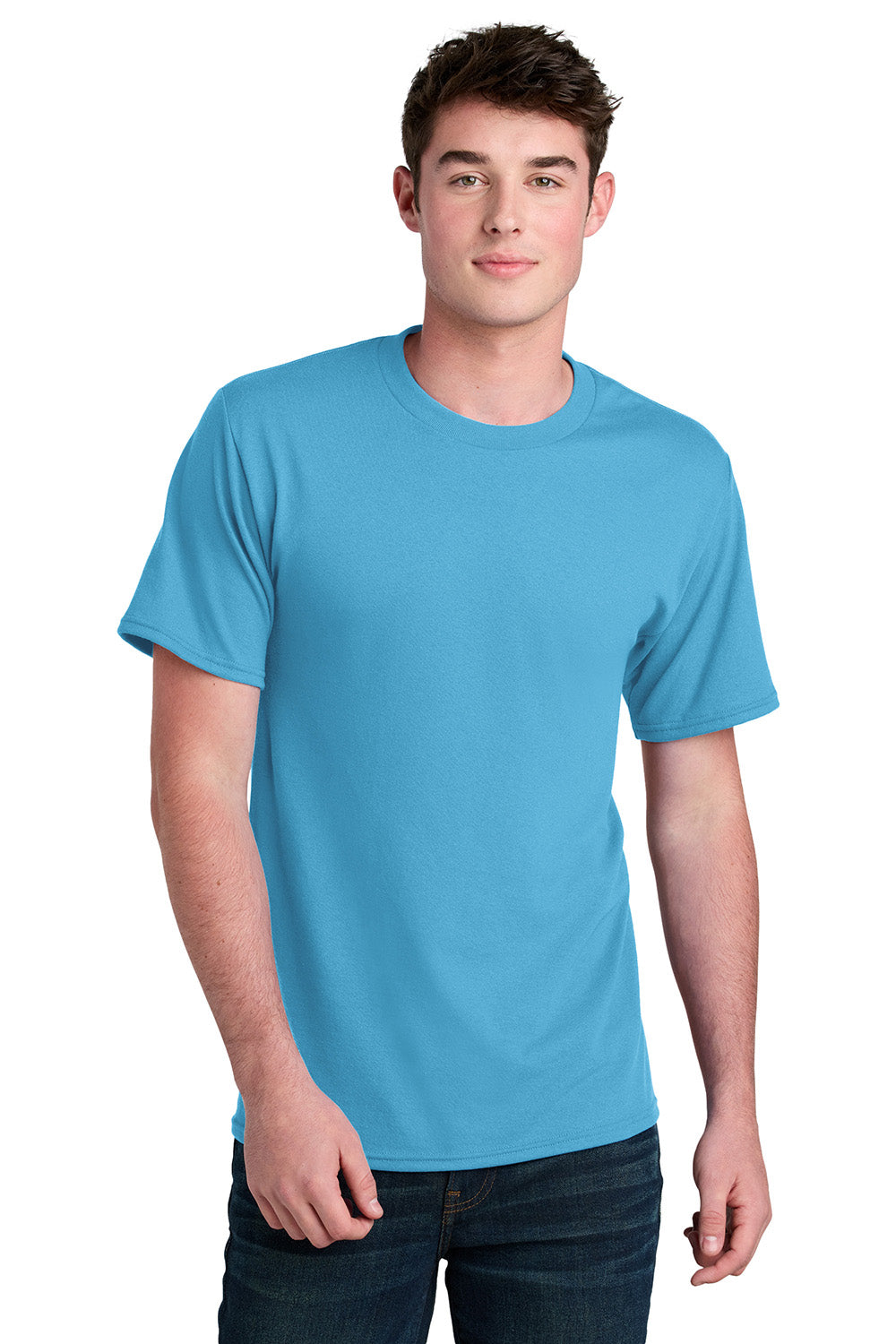 Port & Company PC01 Mens Core Blend Recycled Short Sleeve Crewneck T-Shirt Aquatic Blue Model Front