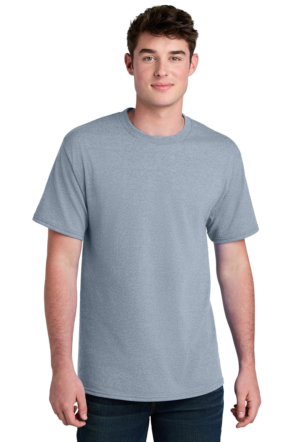 Port & Company PC01 Mens Core Blend Recycled Short Sleeve Crewneck T-Shirt Heather Grey Model Front