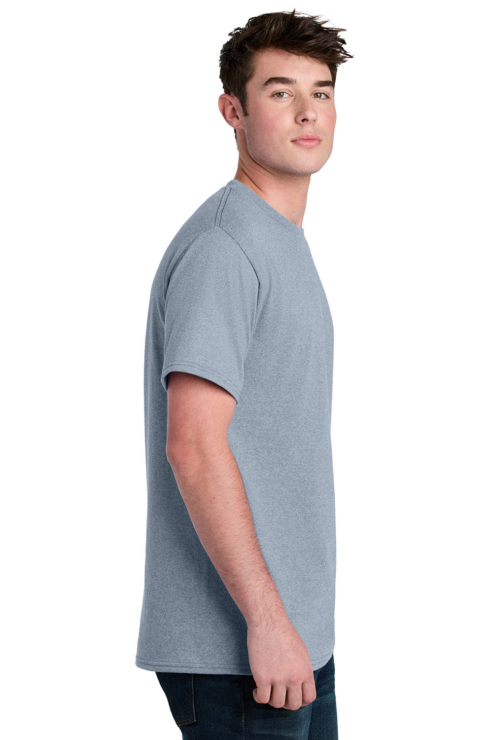 Port & Company PC01 Mens Core Blend Recycled Short Sleeve Crewneck T-Shirt Heather Grey Model Side