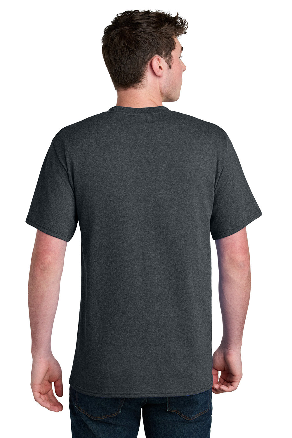 Port & Company PC01 Mens Core Blend Recycled Short Sleeve Crewneck T-Shirt Heather Dark Grey Model Back