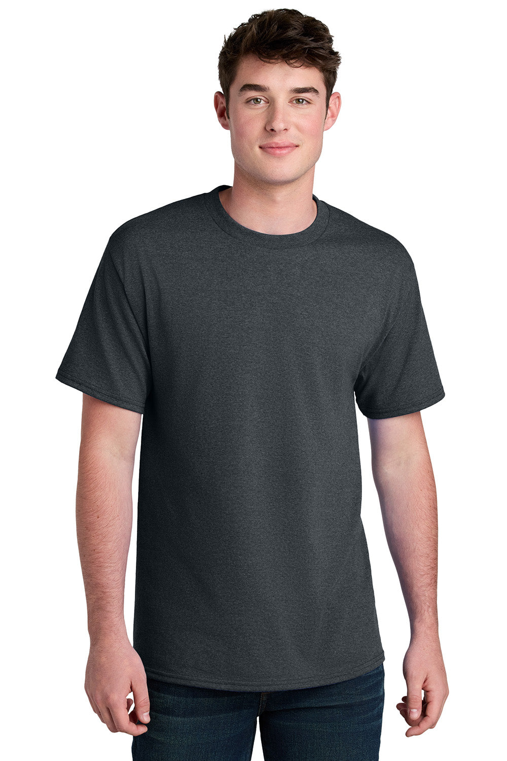 Port & Company PC01 Mens Core Blend Recycled Short Sleeve Crewneck T-Shirt Heather Dark Grey Model Front