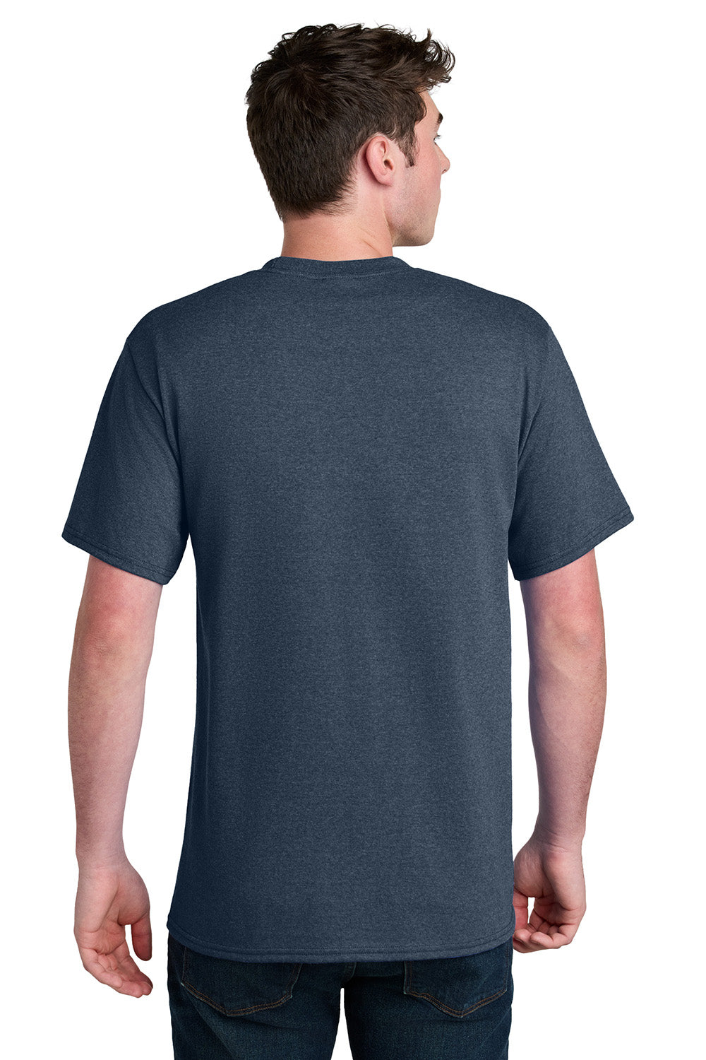 Port & Company PC01 Mens Core Blend Recycled Short Sleeve Crewneck T-Shirt Heather Navy Blue Model Back