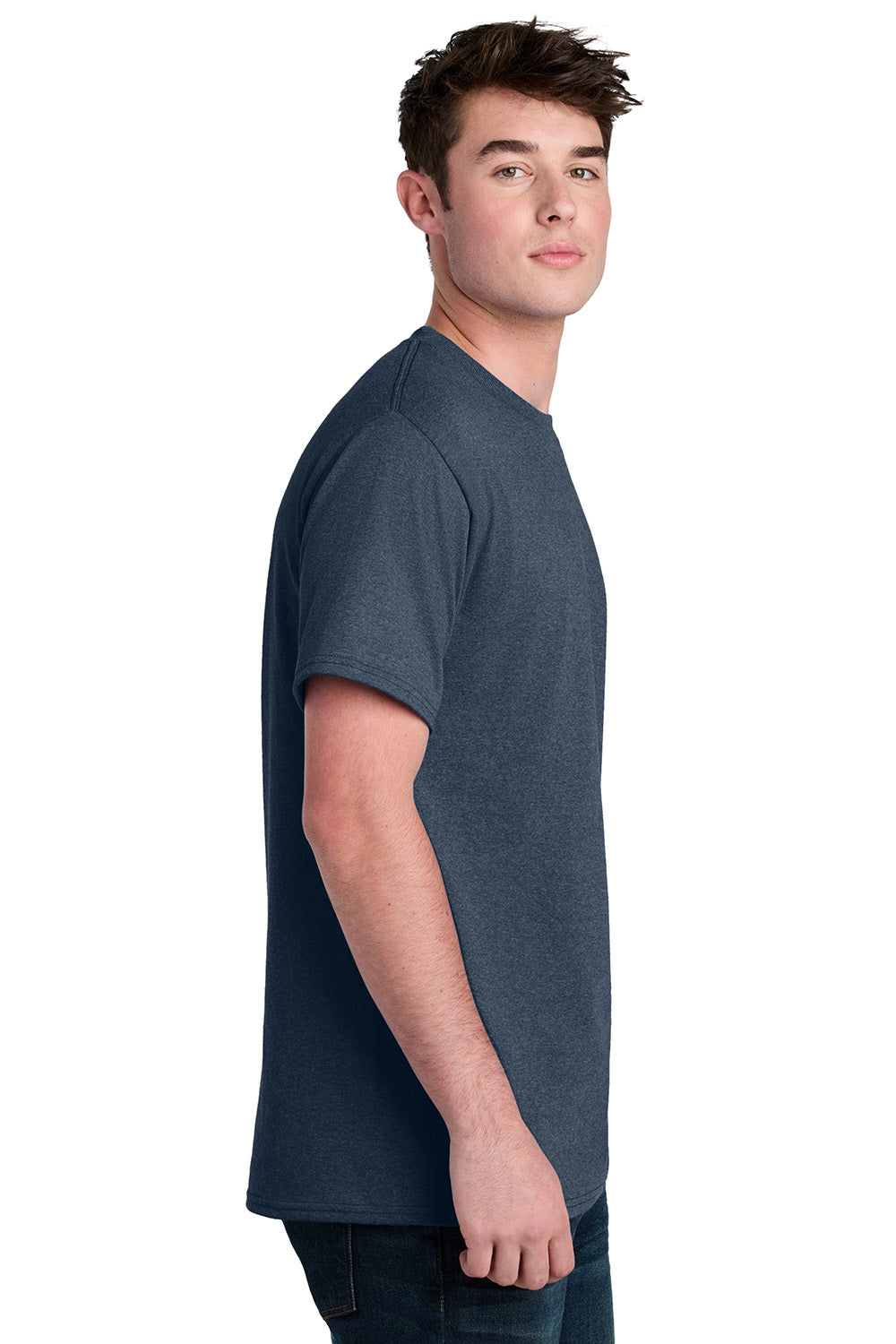 Port & Company PC01 Mens Core Blend Recycled Short Sleeve Crewneck T-Shirt Heather Navy Blue Model Side