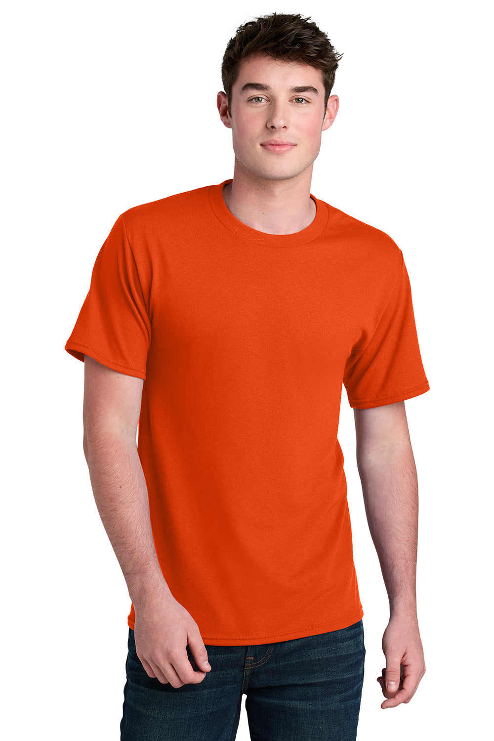 Port & Company PC01 Mens Core Blend Recycled Short Sleeve Crewneck T-Shirt Orange Model Front