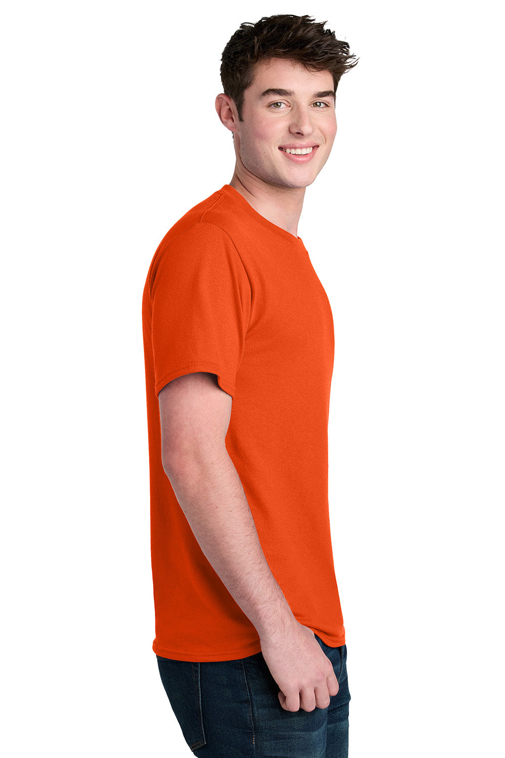 Port & Company PC01 Mens Core Blend Recycled Short Sleeve Crewneck T-Shirt Orange Model Side