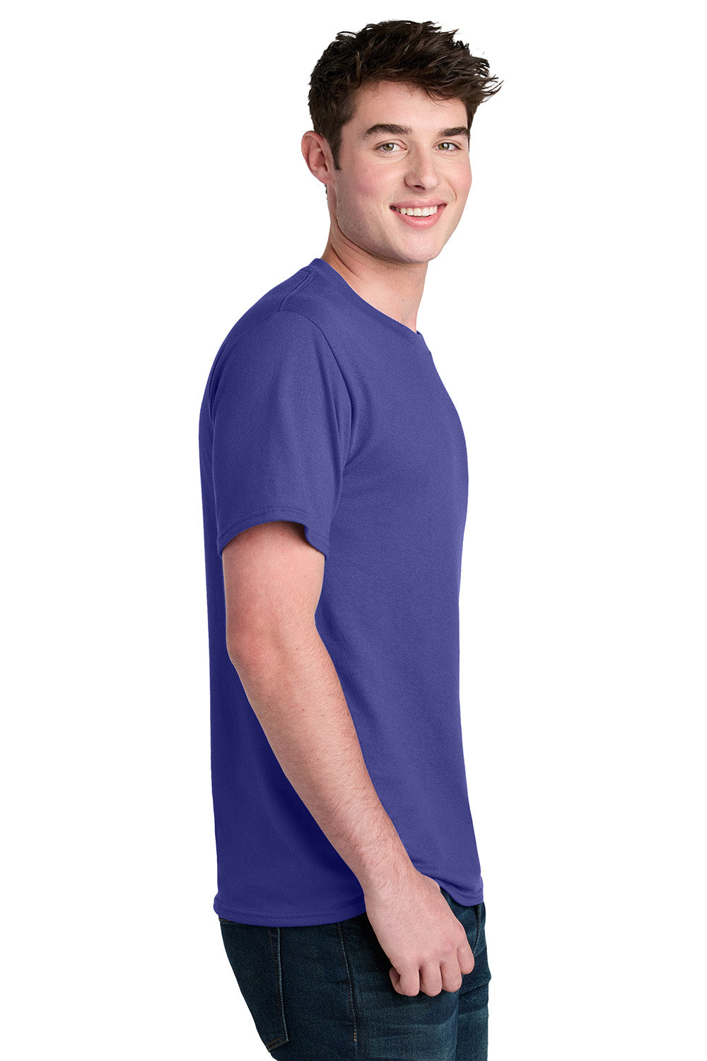 Port & Company PC01 Mens Core Blend Recycled Short Sleeve Crewneck T-Shirt Purple Model Side