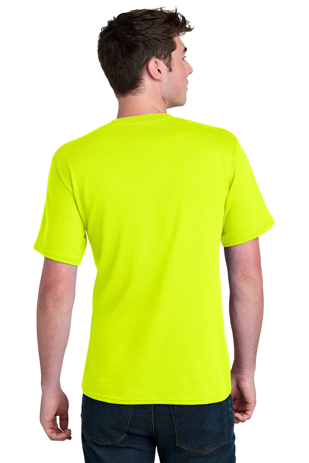 Port & Company PC01 Mens Core Blend Recycled Short Sleeve Crewneck T-Shirt Safety Green Model Back