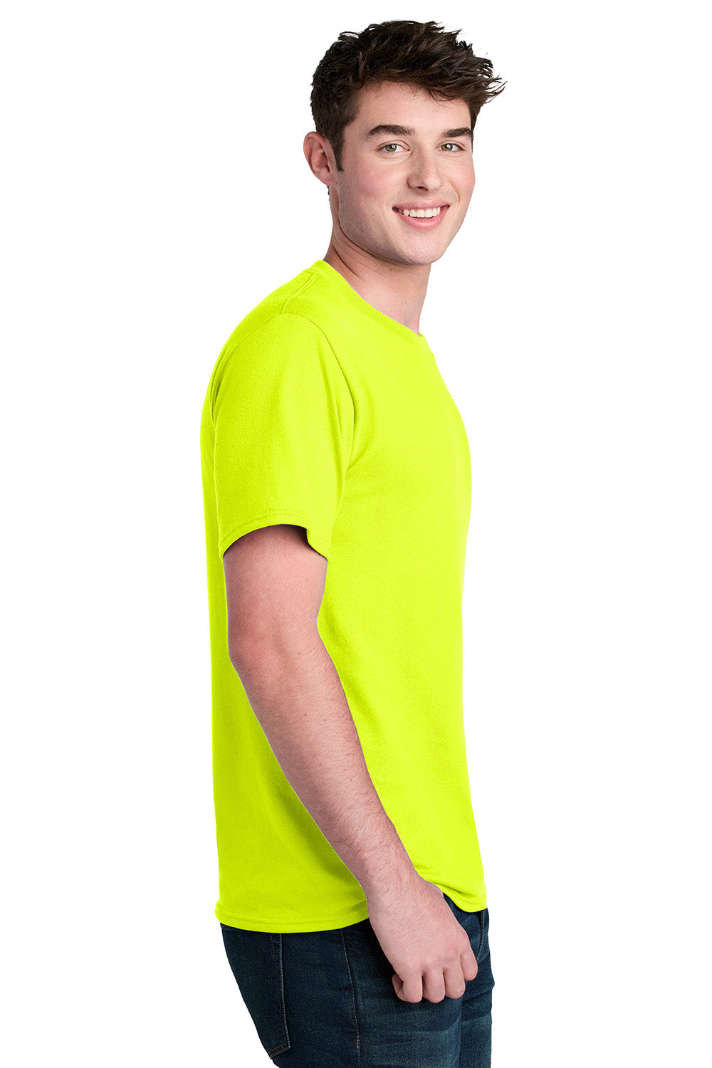 Port & Company PC01 Mens Core Blend Recycled Short Sleeve Crewneck T-Shirt Safety Green Model Side