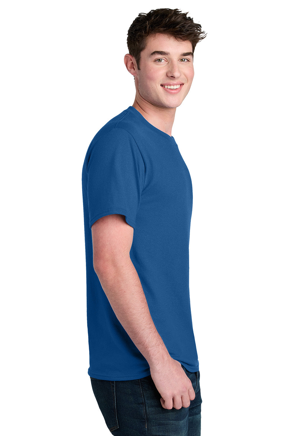 Port & Company PC01 Mens Core Blend Recycled Short Sleeve Crewneck T-Shirt True Royal Blue Model Side