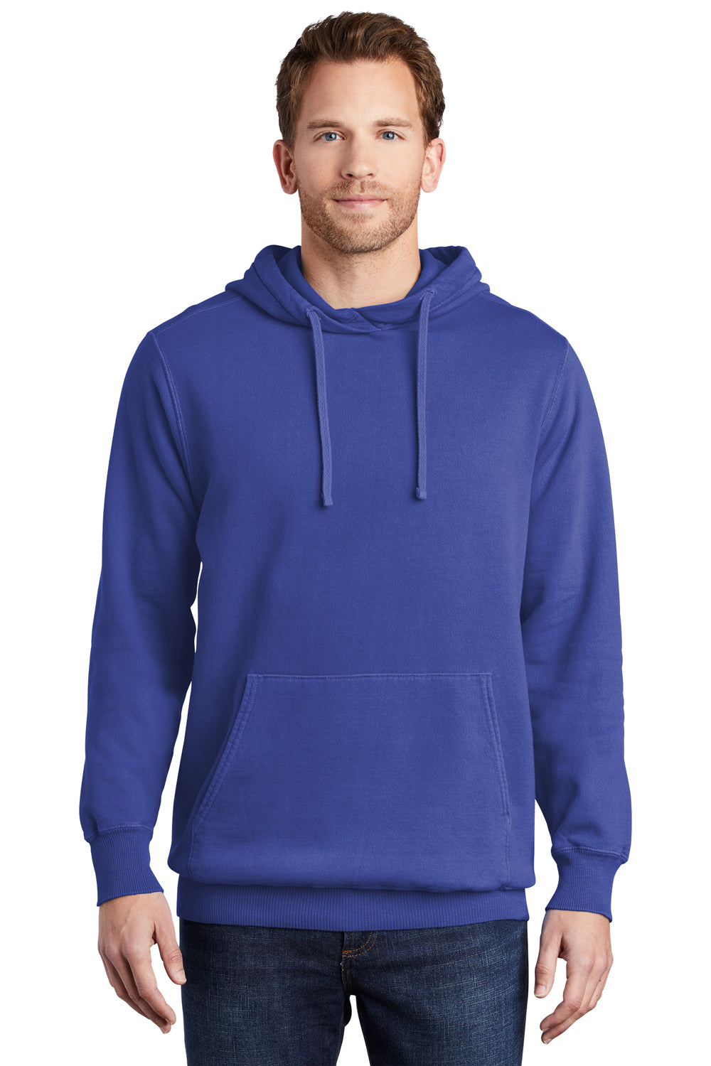 Port & Company PC098H Mens Beach Wash Fleece Hooded Sweatshirt Hoodie Iris Blue Model Front