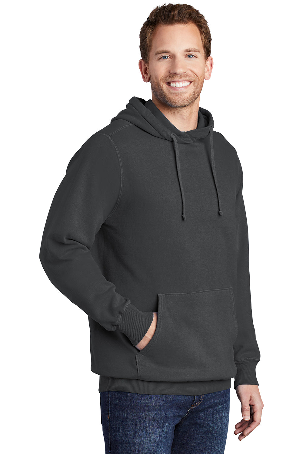 Port & Company PC098H Mens Beach Wash Fleece Hooded Sweatshirt Hoodie Coal Grey Model 3q