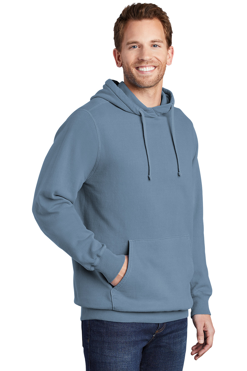 Port & Company PC098H Mens Beach Wash Fleece Hooded Sweatshirt Hoodie Denim Blue Model 3q