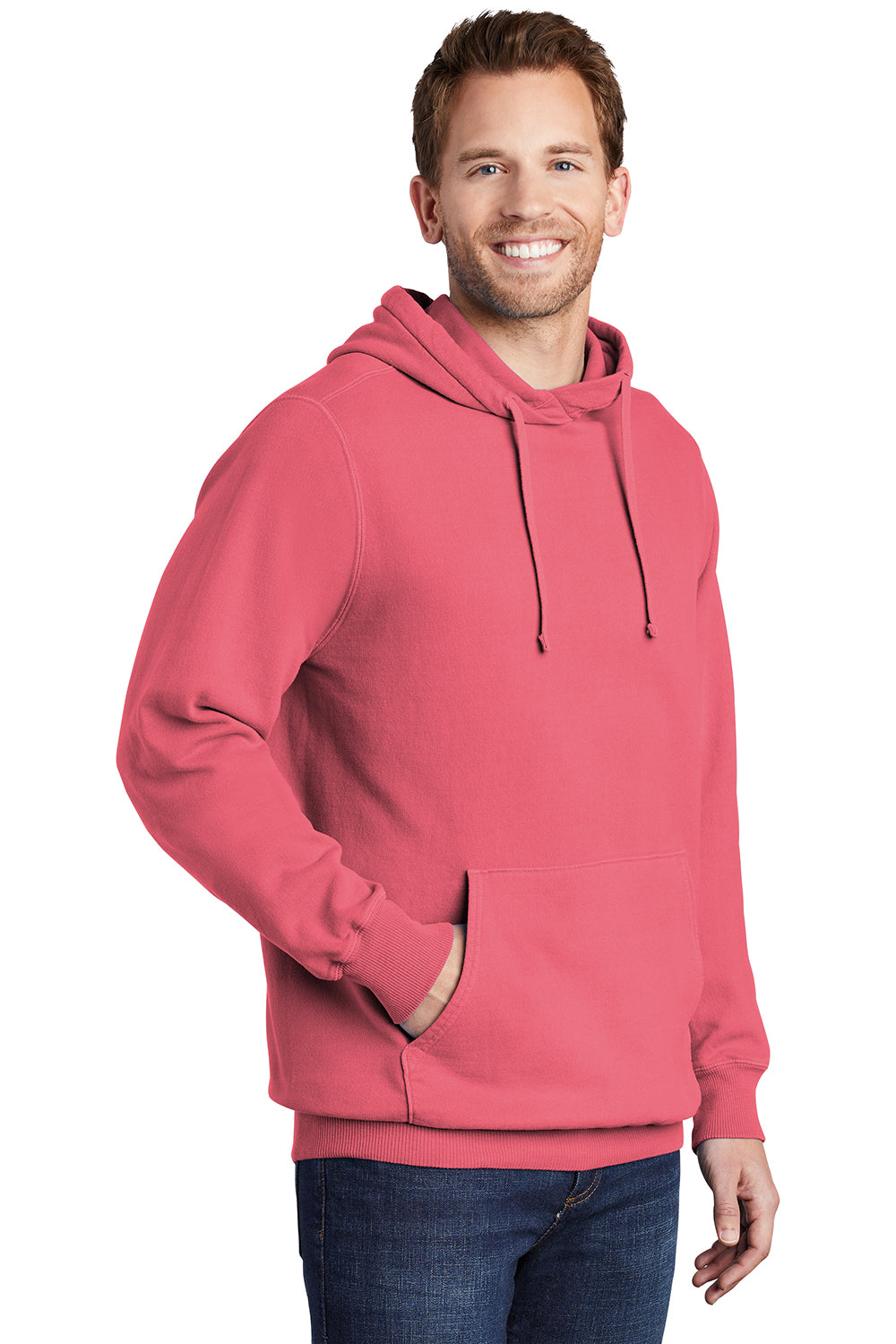 Port & Company PC098H Mens Beach Wash Fleece Hooded Sweatshirt Hoodie Fruit Punch Pink Model 3q