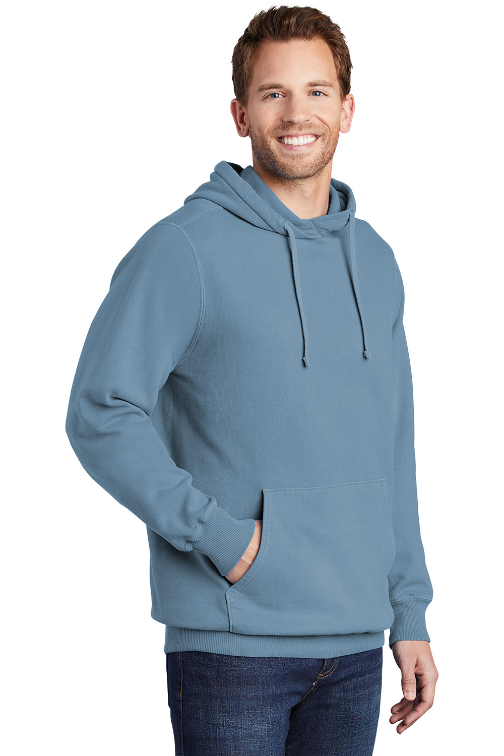 Port & Company PC098H Mens Beach Wash Fleece Hooded Sweatshirt Hoodie Mist Blue Model 3q