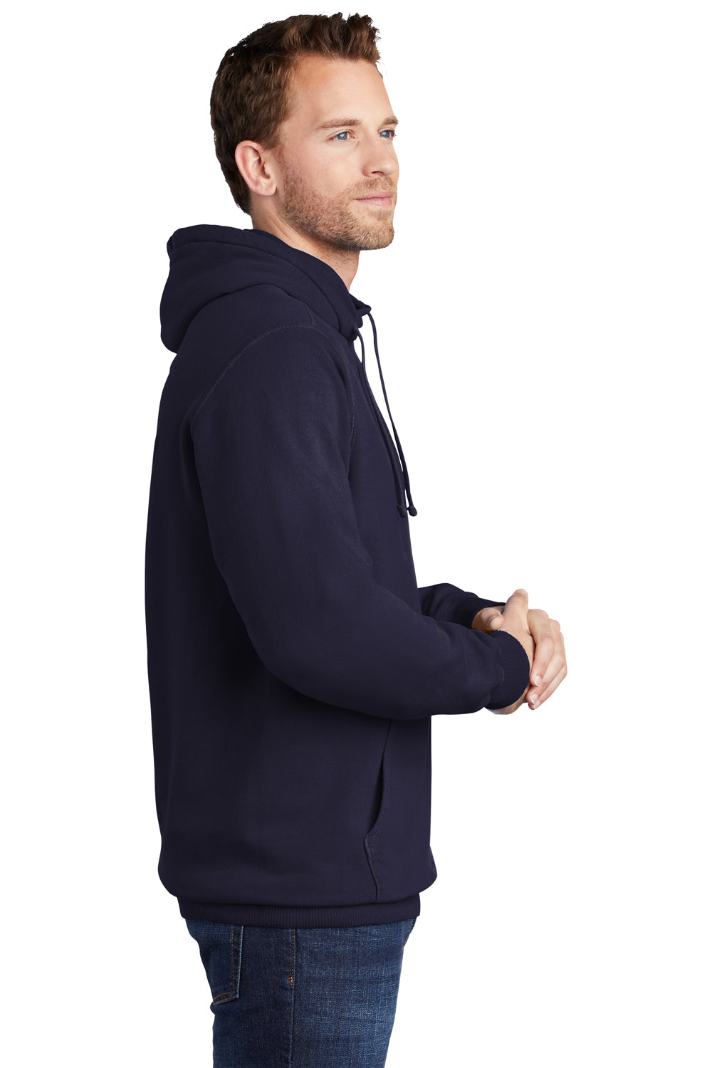 Port & Company PC098H Mens Beach Wash Fleece Hooded Sweatshirt Hoodie True Navy Blue Model Side