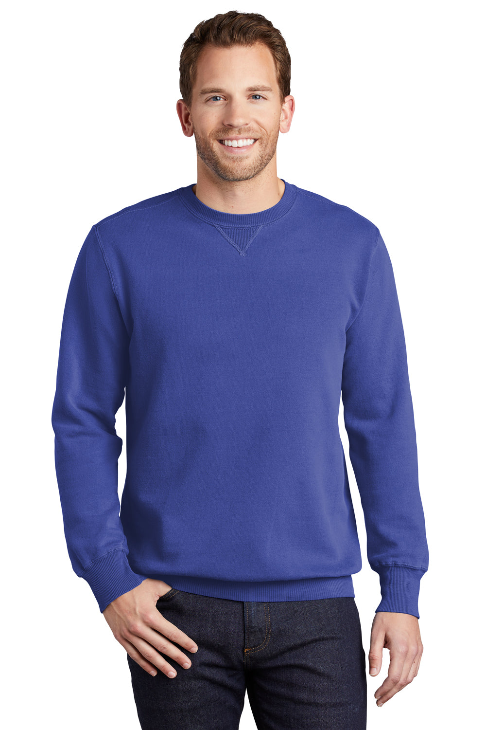 Port & Company PC098 Mens Beach Wash Fleece Crewneck Sweatshirt Iris Blue Model Front