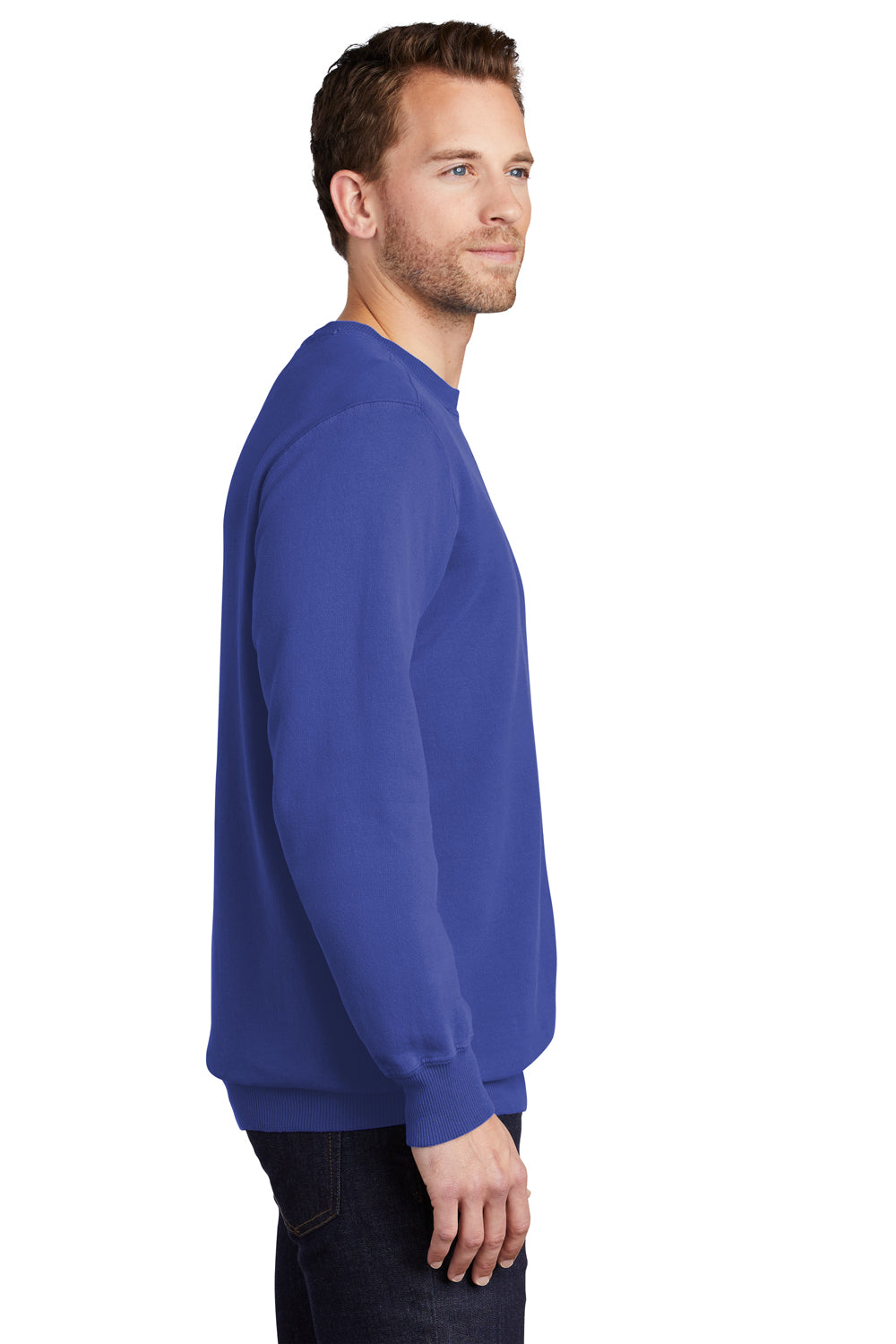 Port & Company PC098 Mens Beach Wash Fleece Crewneck Sweatshirt Iris Blue Model Side