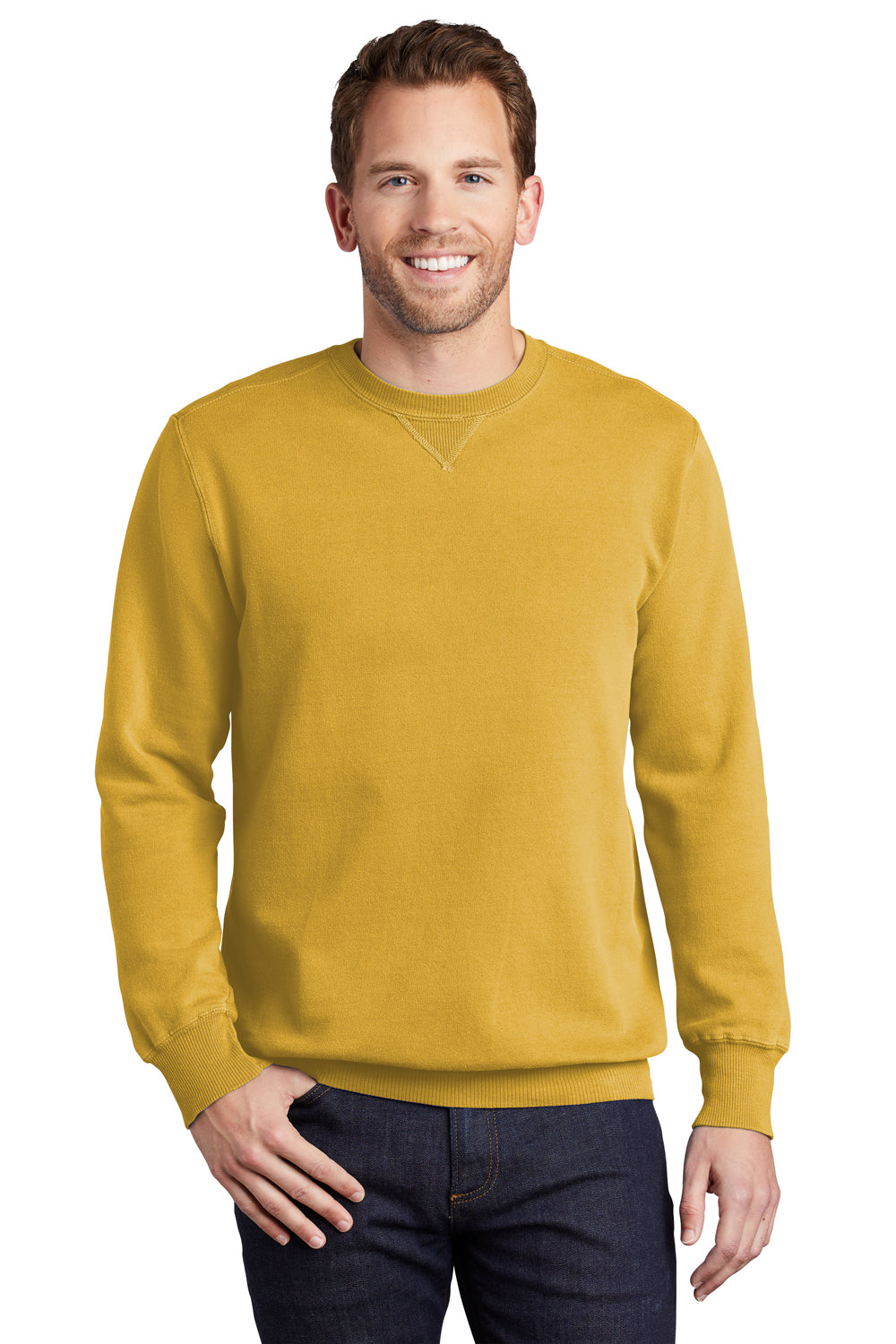 Port & Company PC098 Mens Beach Wash Fleece Crewneck Sweatshirt Dijon Yellow Model Front