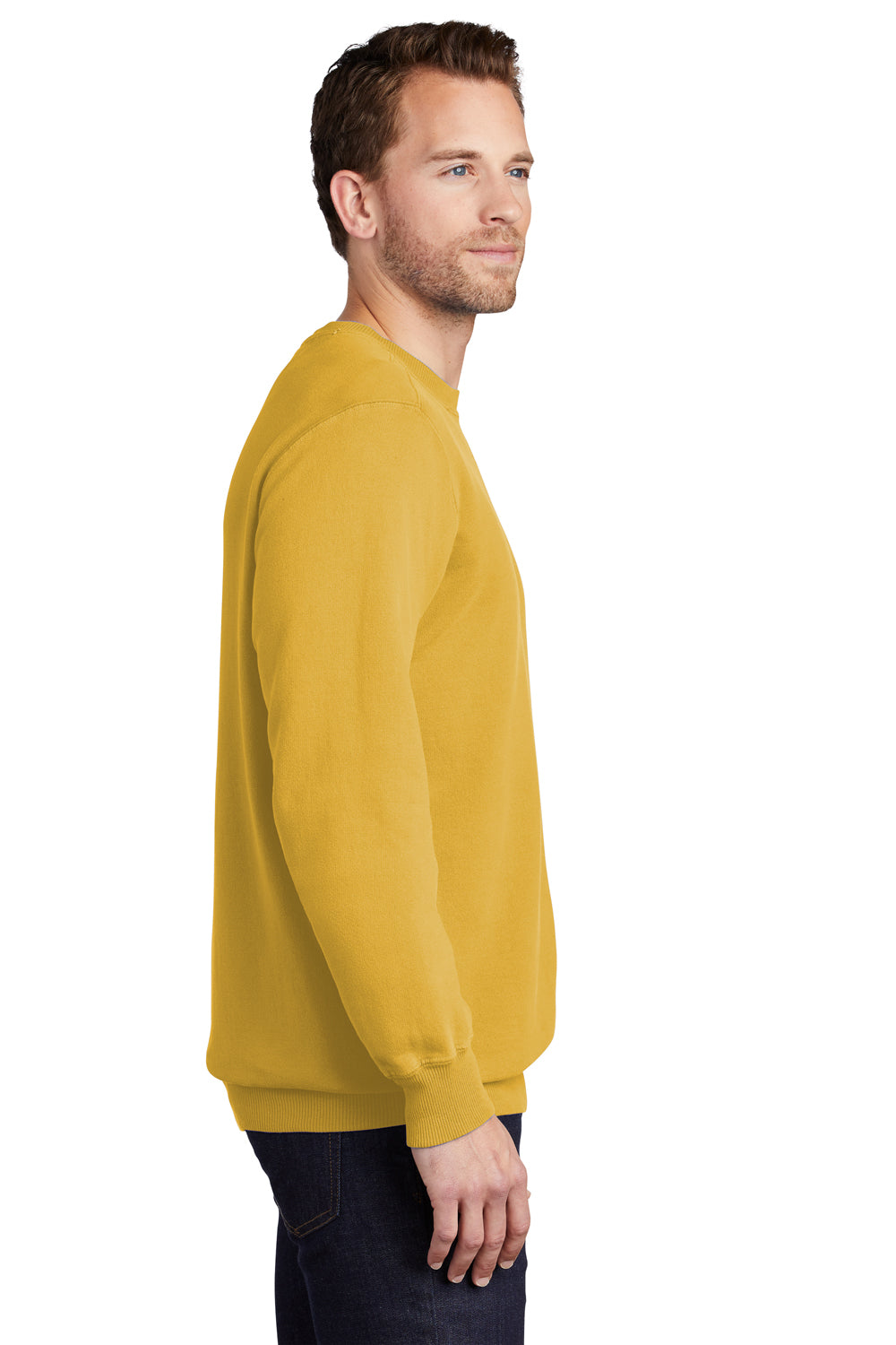 Port & Company PC098 Mens Beach Wash Fleece Crewneck Sweatshirt Dijon Yellow Model Side