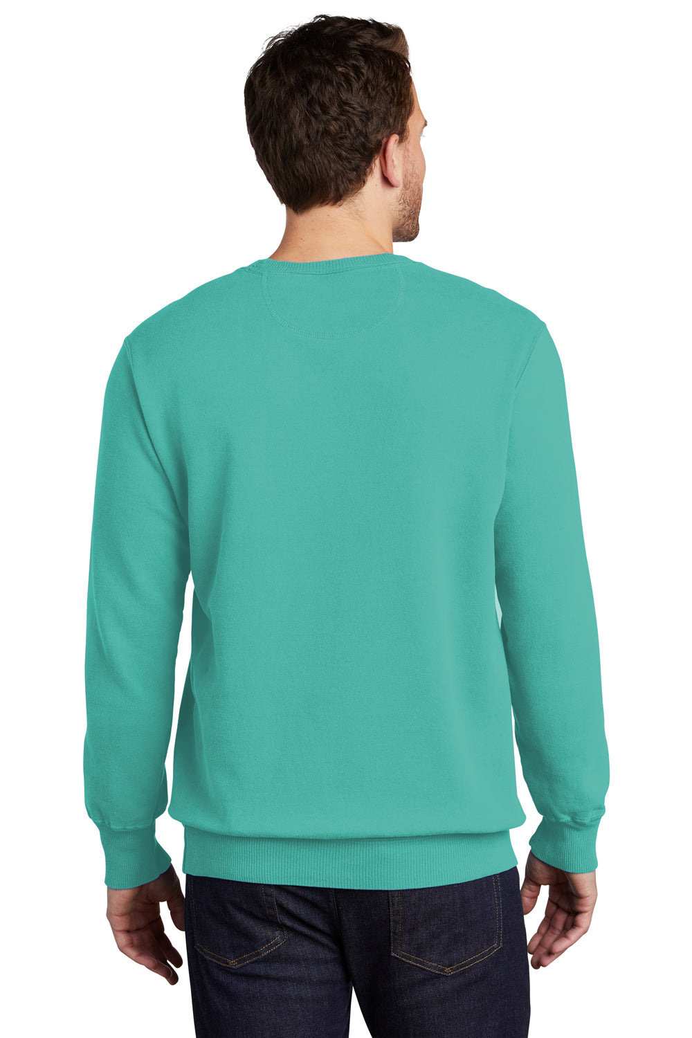 Port & Company PC098 Mens Beach Wash Fleece Crewneck Sweatshirt Peacock Green Model Back