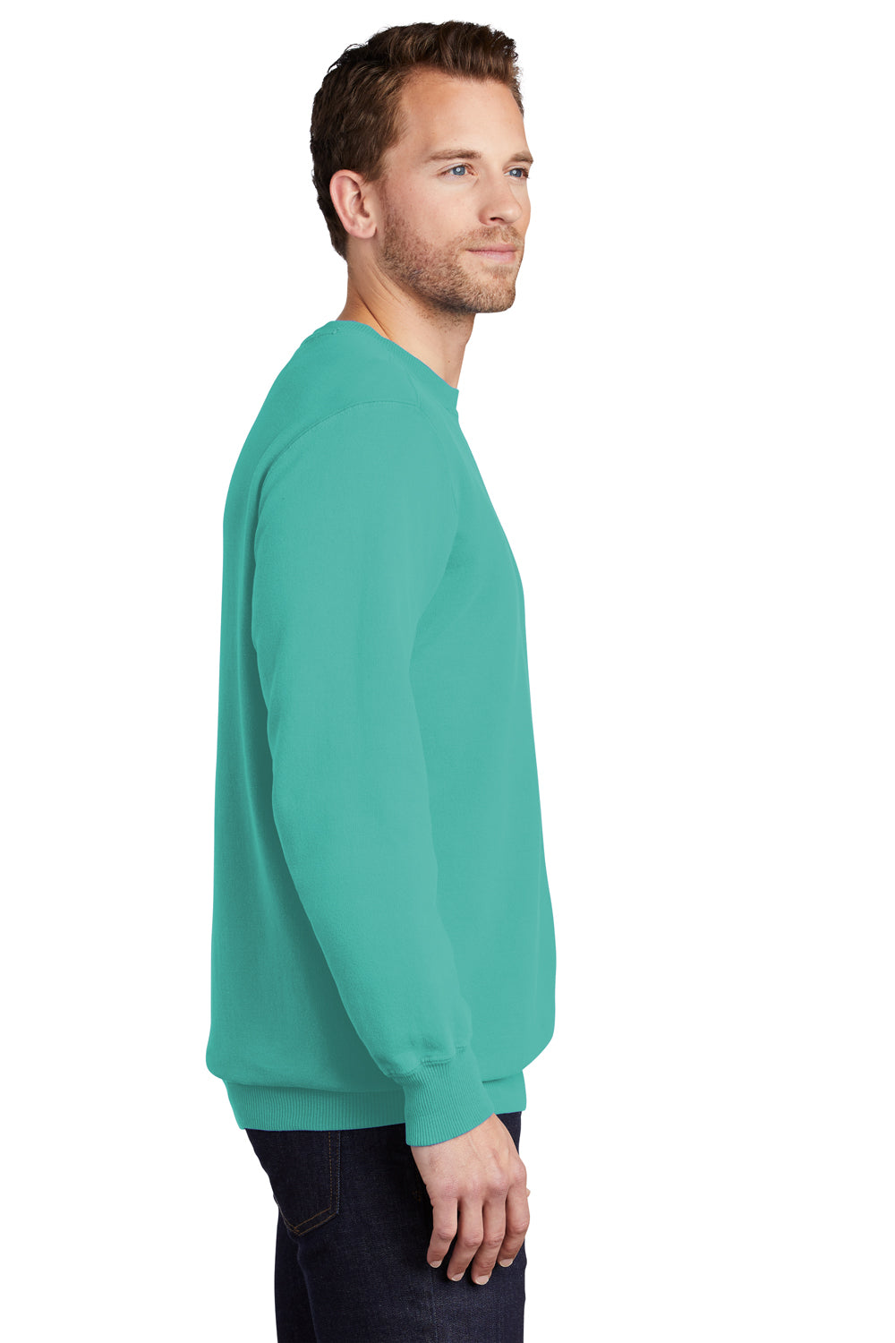 Port & Company PC098 Mens Beach Wash Fleece Crewneck Sweatshirt Peacock Green Model Side