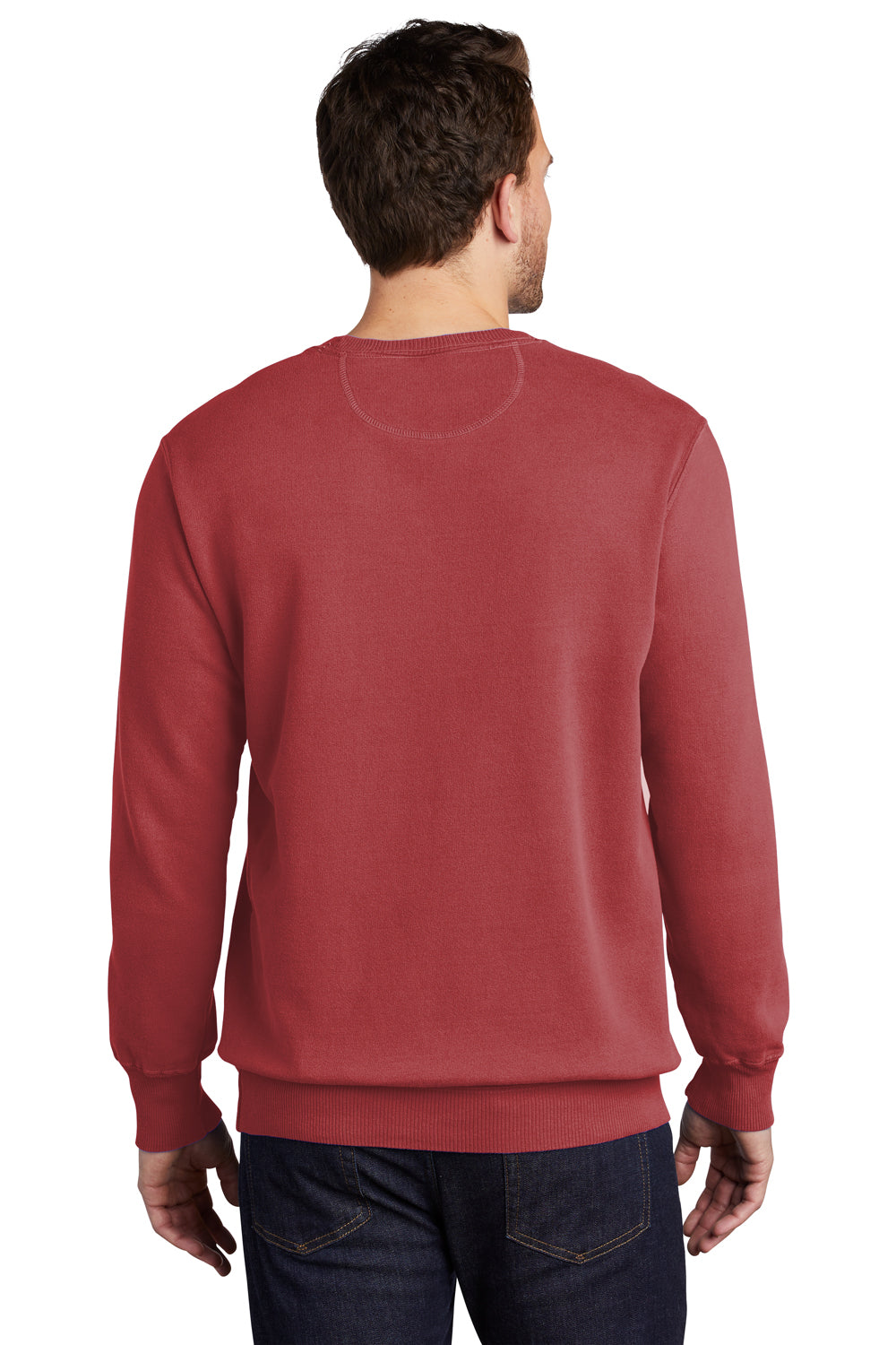 Port & Company PC098 Mens Beach Wash Fleece Crewneck Sweatshirt Rock Red Model Back