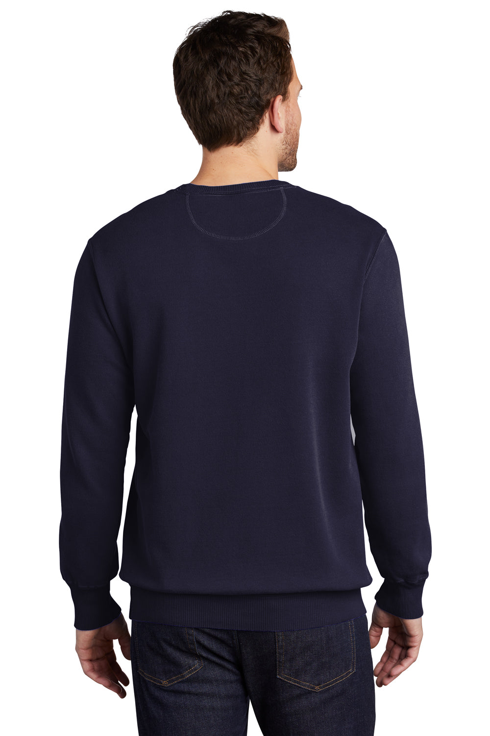 Port & Company PC098 Mens Beach Wash Fleece Crewneck Sweatshirt True Navy Blue Model Back